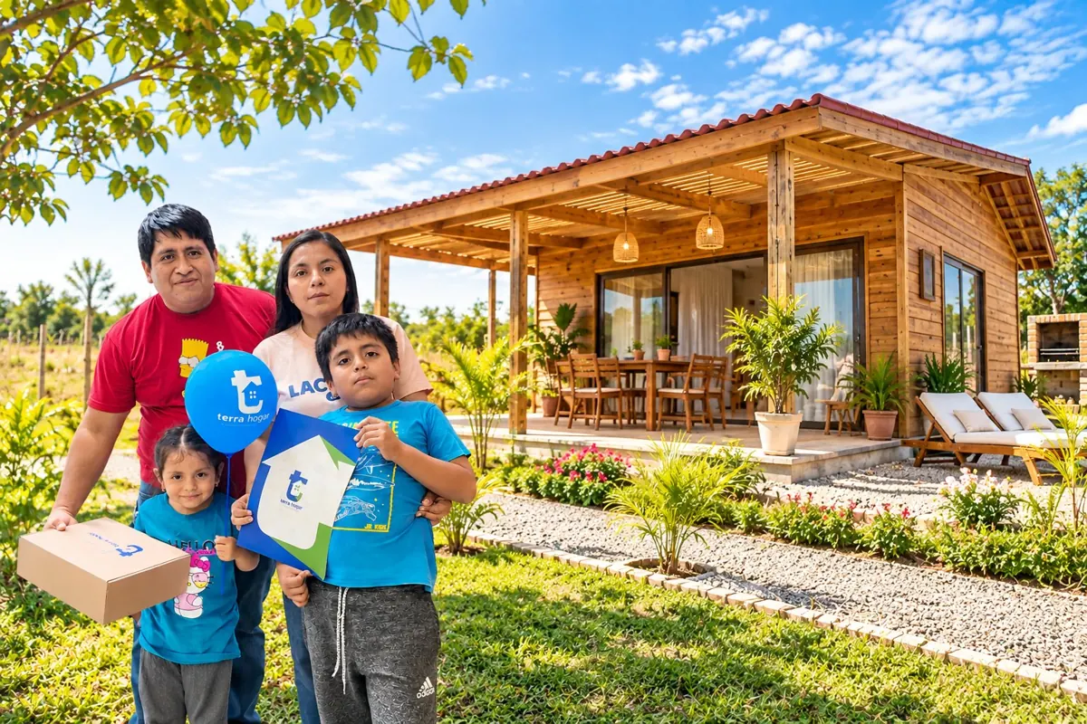 Familia frente a su casita de campo